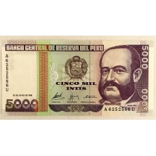 PERU 1988 . FIVE THOUSAND 5,000 INTIS BANKNOTE . PRINTER G and D